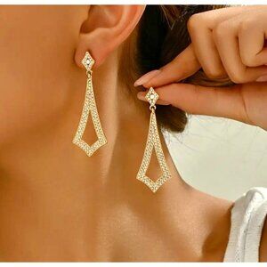 14K Gold Plated Geometric Dangle Earrings Crystal Pave Kite Statement Drop